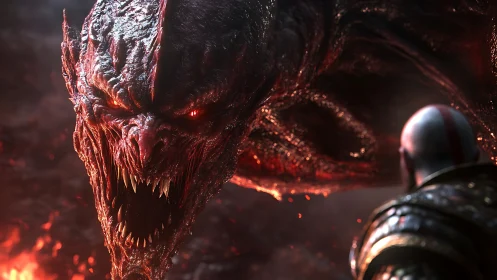 Colossal demon roars in molten battlefield before lone warrior