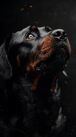 Gentle rottweiler gazing upward with quiet, soulful warmth.