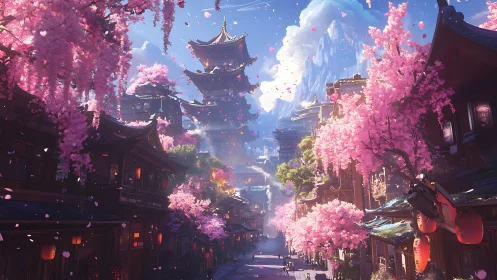 Vertical cherry blossom pagoda corridor under cinematic sky.