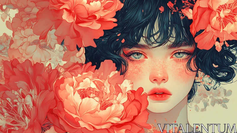 Floral portrait of girl framed by vivid coral peonies.