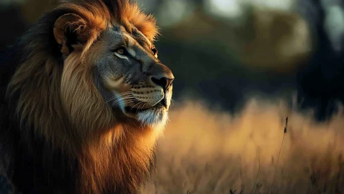 Male lion in side profile observes grassland at sunset