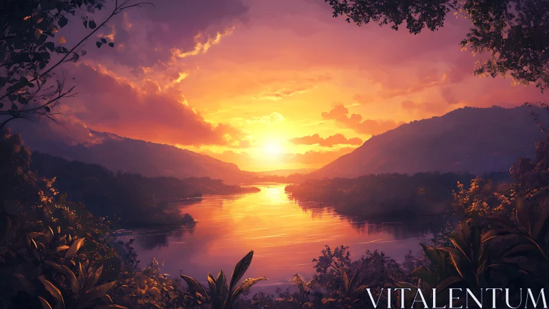 River valley sunset over glowing mountains and jungle.