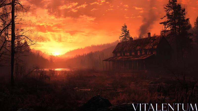 Derelict riverside lodge at fiery volumetric sunset glow