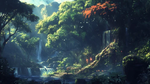 Digital fantasy landscape rendering with volumetric lighting and deep-space color grading techniques