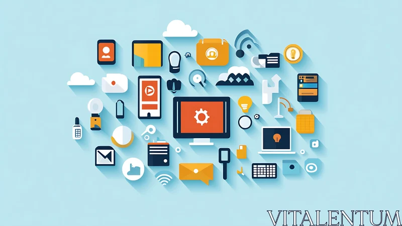 Colorful digital tools floating in a friendly blue workspace.