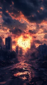 Ruined city street under burning storm clouds at dusk.