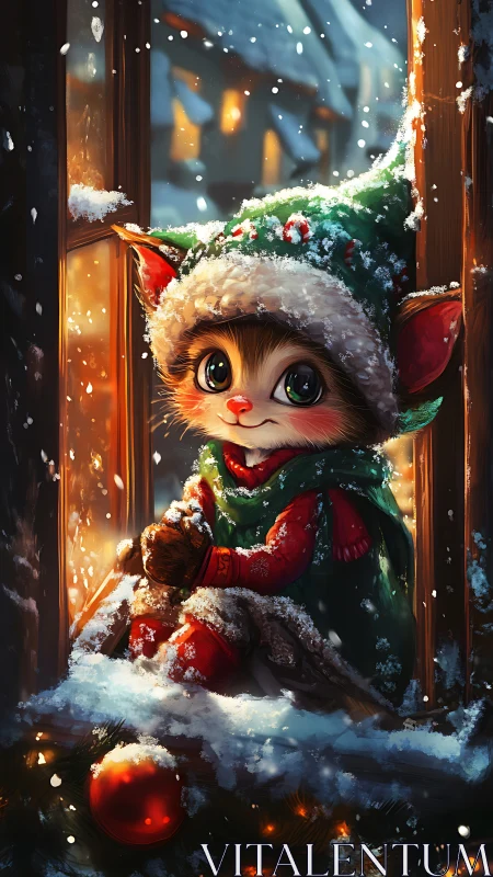 Winter window scene with small fantasy creature in costume.