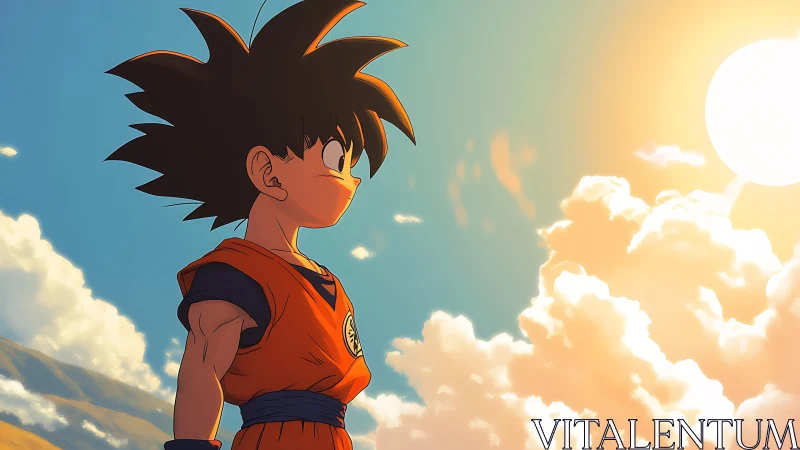 Young anime character stands under bright sunlit sky