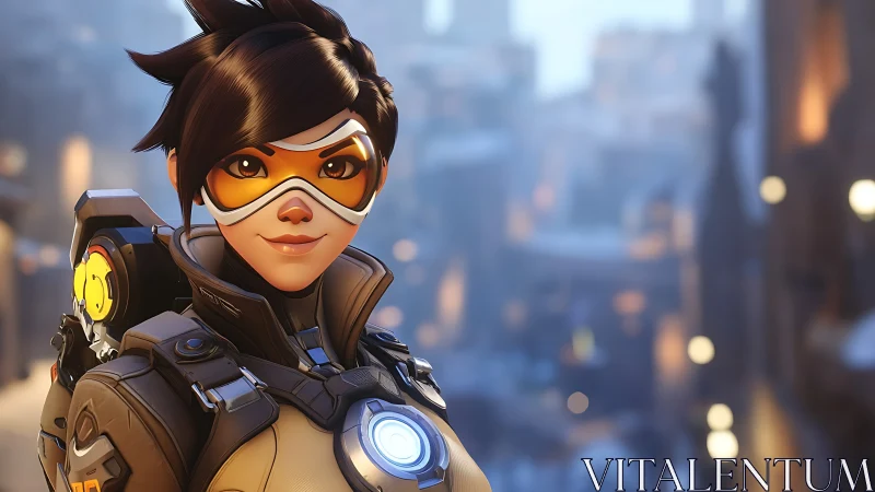 Stylized sci-fi heroine in futuristic winter cityscape.