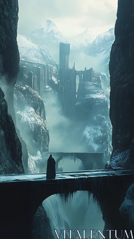 Solitary figure before vast icy fortress in the ravine.