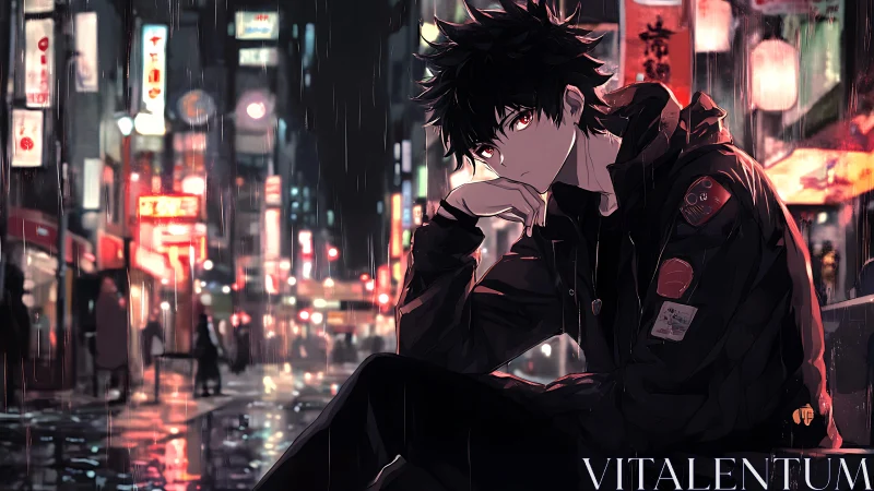 Brooding rain-soaked wanderer in neon-lit midnight cityscape.