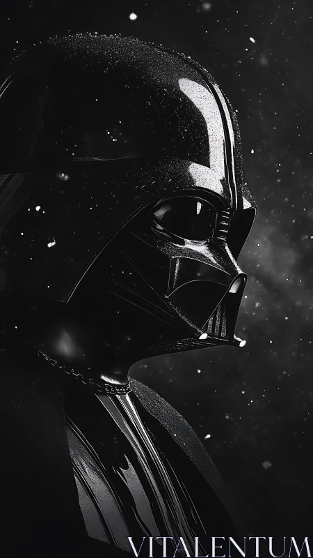 Dark armored sci‑fi figure in profile amid drifting particles.