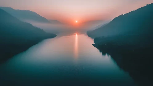 Gentle sunrise casting soft light over a peaceful river valley.