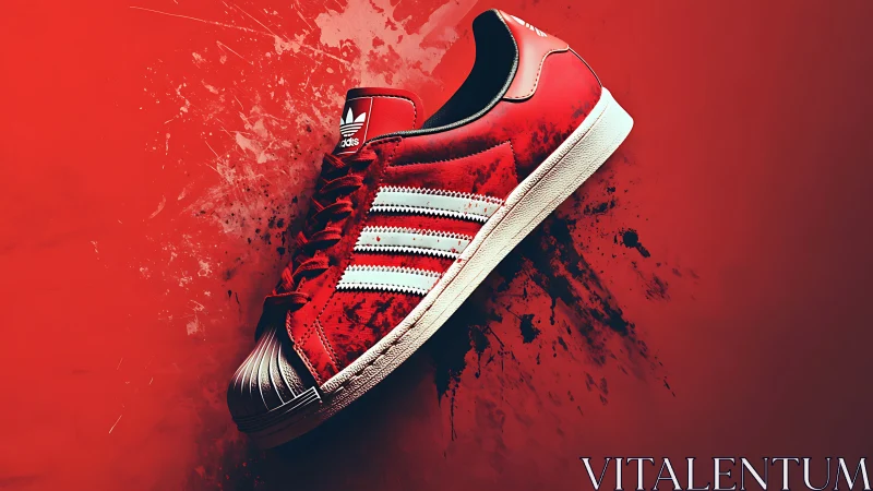Red adidas sneaker on splattered red backdrop, high contrast