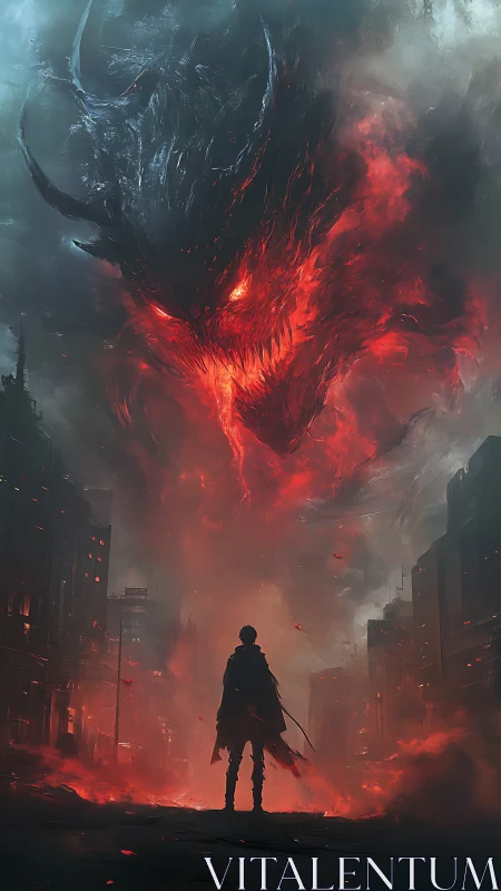 Fearless wanderer meets a colossal fire-born demon in ruin.