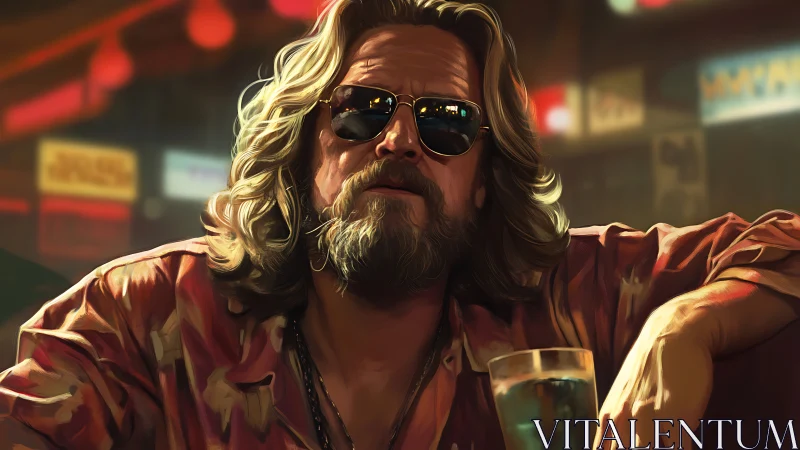 Laid-back bearded man lounges in neon-lit bar scene