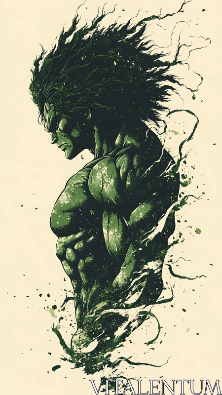 Green muscular warrior dissolves into expressive ink splashes