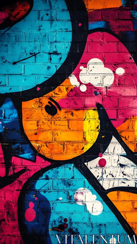 High-saturation geometric graffiti overlays weathered brick wall