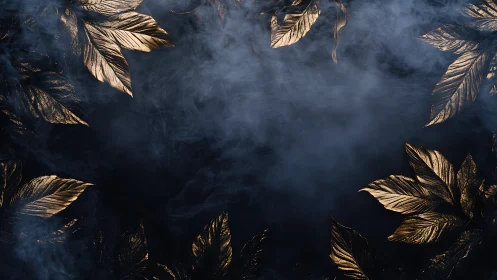 Golden leaves frame with dramatic dark smoke background.