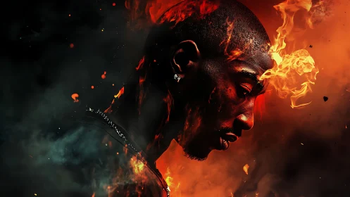 Fiery portrait merges human profile with erupting flames.