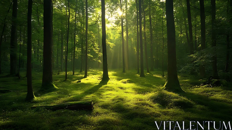 Tranquil Sunbeam-Filled Forest with Lush Green Moss, Nature Photography.