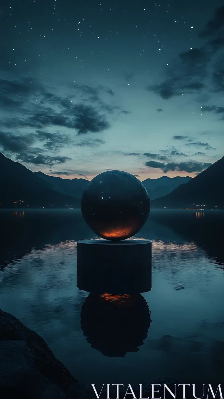 Luminous metal sphere on lake pedestal at dusk.