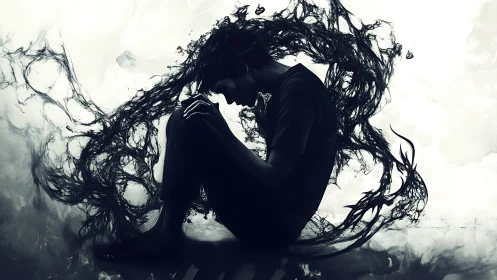 Dark silhouette consumed by swirling inked despair.