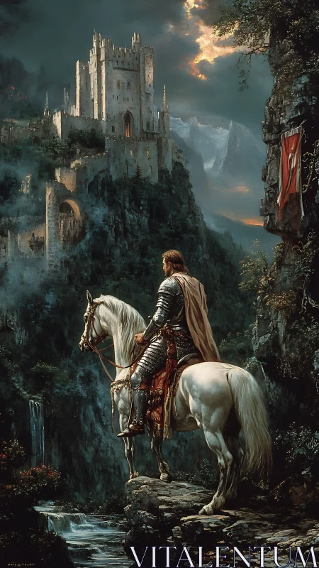 Epic fantasy knight on horseback before mist-shrouded citadel.