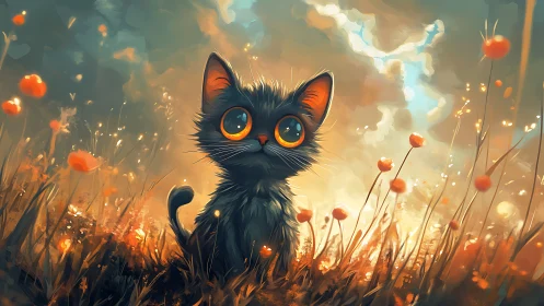 Black Cat with Golden Eyes in Glowing Wildflower Meadow.