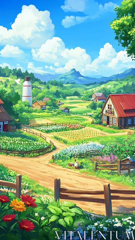 Sunny country farm lane winding through blooming gardens.