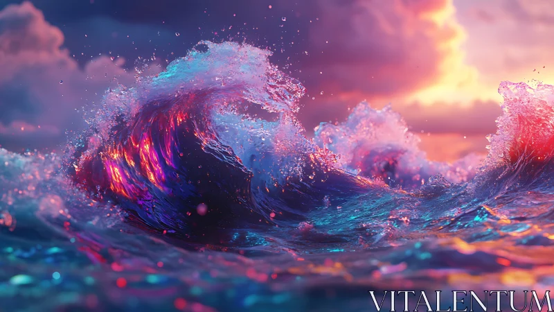 Prismatic stormwave curls upward, drinking the neon sunset