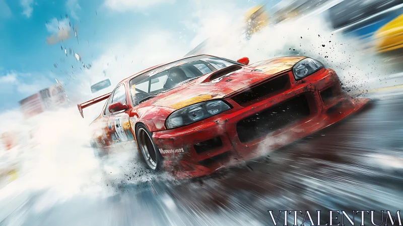 Red drift race car tears through smoke on a wet city track