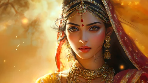 Digital portrait Indian bride with golden jewelry glow.