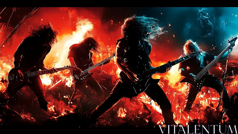 Fiery rock band shredding guitars in a blazing stage inferno.