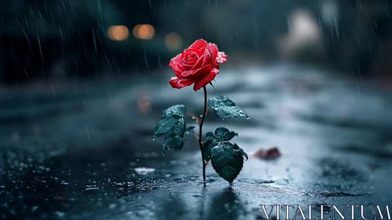 Solitary red rose rendered in cinematic shallow depth of field