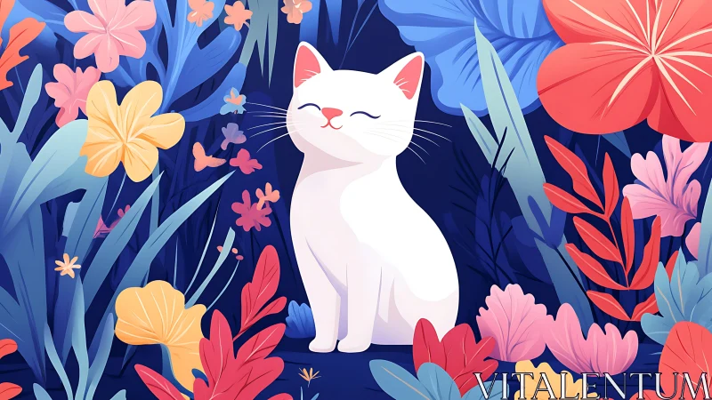 Serene White Cat Among Vibrant Floral Garden.