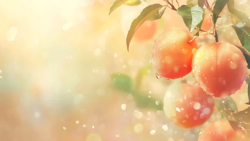 Dew‑coated ripe peaches on bokeh‑washed branch backdrop.