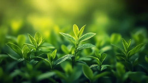 Vibrant green seedlings with dew in soft morning sunlight, nature style.