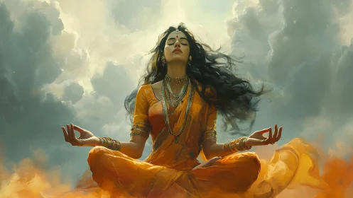 Meditative ascension of sari-clad figure within cloud dynamics.