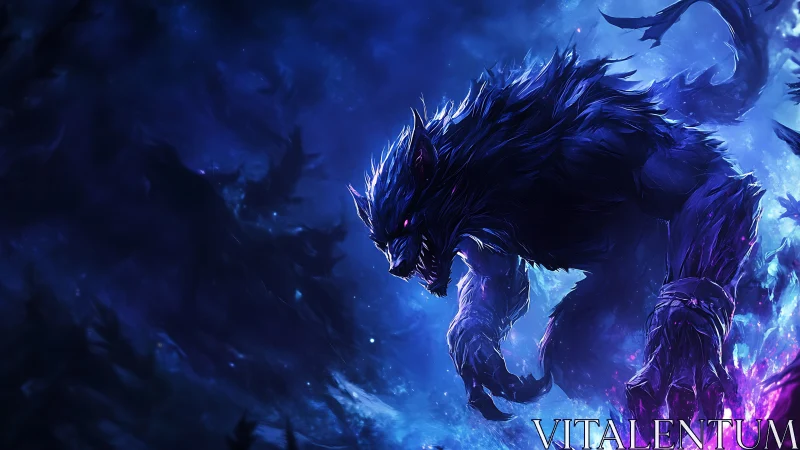 Shadow werewolf lunges through glowing neon storm.