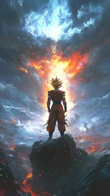 Lone warrior crowned in stormfire beneath a split sky.