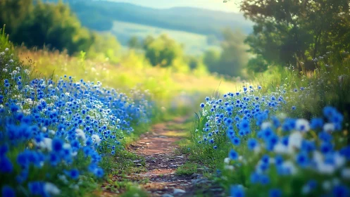 Wildflower path lined with blue blossoms at sunrise.
