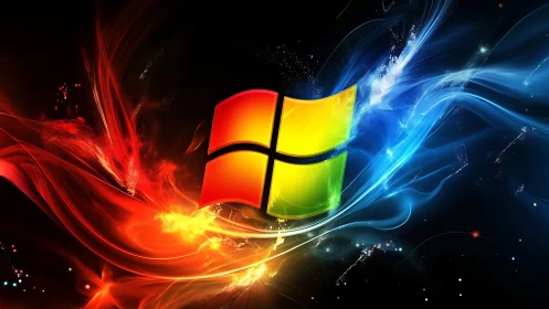 Glowing window logo divides red fire and blue energy waves.