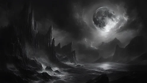 Moonlit storm over jagged black cliffs and restless sea.