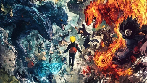 Elemental yokai convergence around central shinobi combatant.