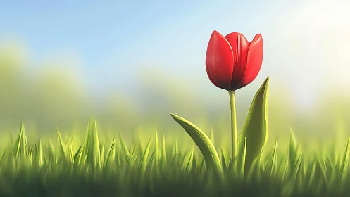 Red tulip stands alone in verdant grass field.