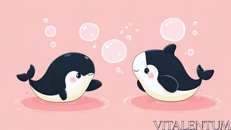 Playful baby orcas sharing bubbly fun in soft pink water.