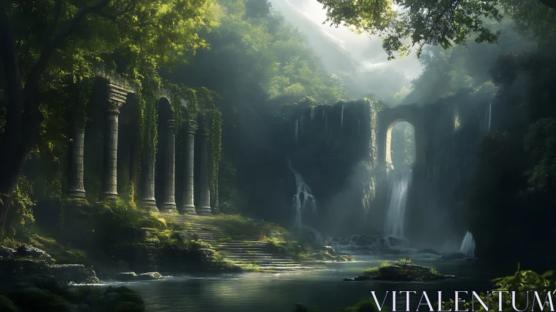 Digital painting of ruined forest sanctuary with cascades.