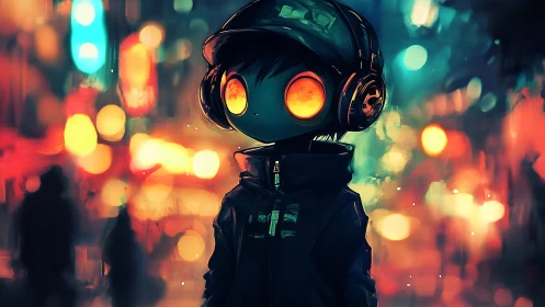 Neon-eyed headphone figure stands amid blurred cyberpunk city glow