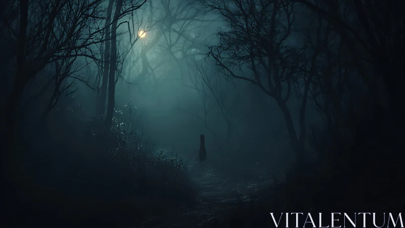 Cinematic digital painting of lone figure in misted forest path.